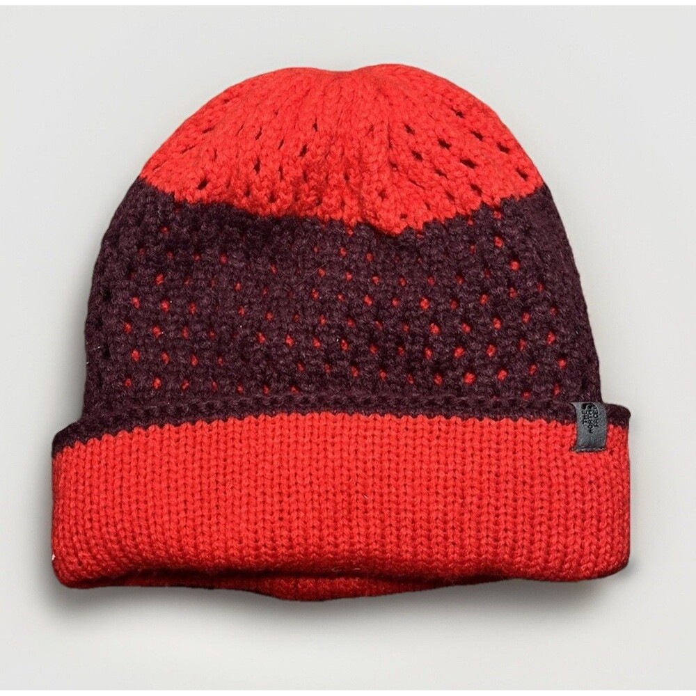 The North Face Knit Beanie Red Burgundy Colorblock Winter Ski Cap One Size